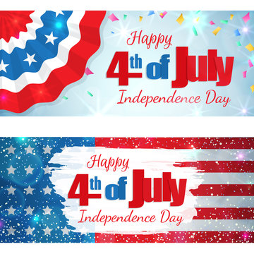 Happy 4th of July, Independence Day, set of greeting cards horizontal banners. Happy July Fourth. Vector