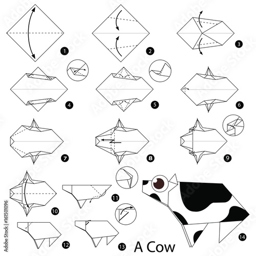 "Step by step instructions how to make origami A Cow." Stock image and