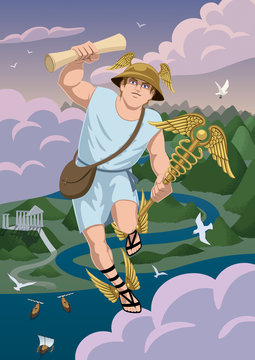 Hermes / Greek god Hermes carrying message to Zeus.