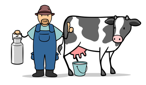Cartoon Bauer mit Kuh und Milch