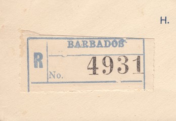 Mailing label with the registration number on the old registered letter, circa 1937