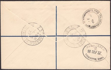 Stamp printed in Barbados shows The reverse side of the postal envelope of a registered letter with a variety of postmark, circa 1937