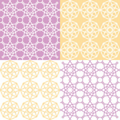 Fototapeta premium Geometric seamless pattern, Arabic ornament style, tiled design in purple and yellow