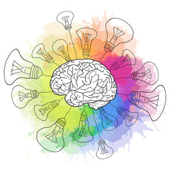 Linear illustration of  human brain with light bulbs and rainbow watercolor sprays. Creativity, idea. Vector illustration for your design