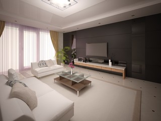 Modern stylish living room with comfortable furniture and dark fashionable background.