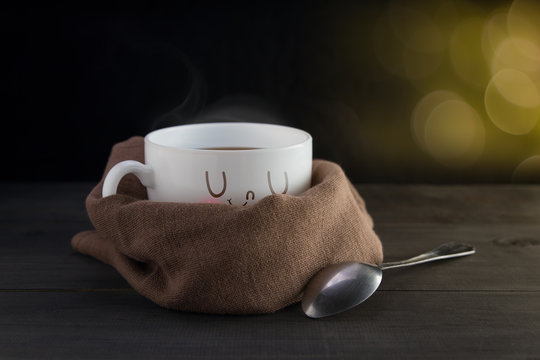 White Mug Of Coffee With A Happy Smile, On Bokeh Background, Good Night Or Have A Happy Day Concept