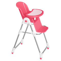 Розовый детский стульчик для кормления малышей, со съемным столиком, на колесиках, изолированный на белом фоне