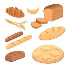 different breads and bakery products vector illustrations. Buns for breakfast. set bake food and toast isolated.