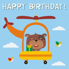 Happy birthday! Funny puppy dog with birthday gift flying on helicopter. Birthday card with puppy dog in cartoon style.