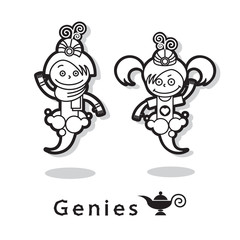 Two genie - boy and girl in the smoke. Vector icon, black and white isolated illustration. Cartoon characters.