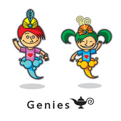 Two genie - boy and girl in the smoke. Vector icon, isolated illustration. Cartoon characters.