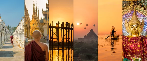 Fotobehang Burma (Myanmar), panoramic photo collage, burmese symbols, Burma travel and tourism concept © Delphotostock