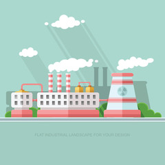 Naklejka premium Nuclear power plant and factory. Atom, radiation energy industrial concept, station background. Environmental theme. Flat Vector background illustration