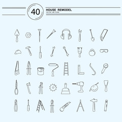 Vector line style icons of repair tools for house remodeling
