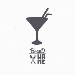Hand drawn silhouette of cocktail glass. Bar logo template for craft food packaging or brand identity