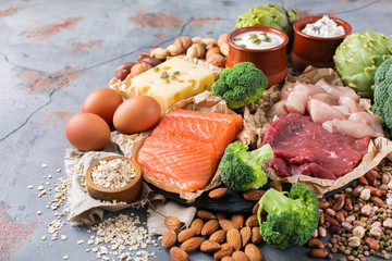 Assortment of healthy protein source and body building food - obrazy, fototapety, plakaty