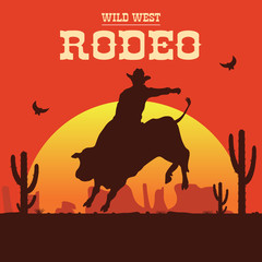 Rodeo cowboy riding a wild bull