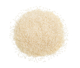 Pile of parboiled rice isolated on white background. Healthy food. Close up, top view, high resolution product.
