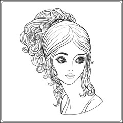 A young beautiful girl.  Portrait.  Outline hand drawing. Stock line vector illustration.