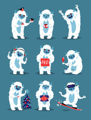 Cute Yeti Abominable Snowman, Bigfoot Sasquatch bigfoot monsters character like people vector set. - obrazy, fototapety, plakaty