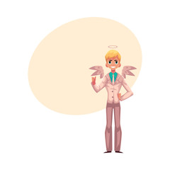 Handsome man dressed as angel in business suit with wings and halo, cartoon vector illustration with space for text. Male angel character, Halloween costume, right business decision concept