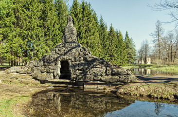 Fototapeta na wymiar The Dam with Cascade & Tufa Grotto in the Catherine Park in Tsarskoye Selo.