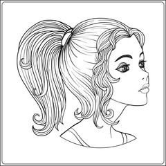 A young beautiful girl.  Portrait.  Outline hand drawing. Stock line vector illustration.