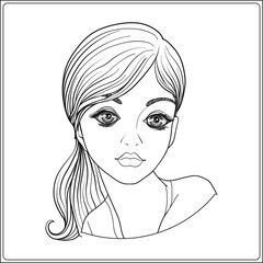 A young beautiful girl.  Portrait.  Outline hand drawing. Stock line vector illustration.