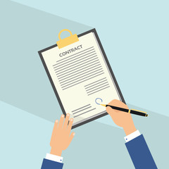 Agreement flat icon with long shadow. Hand signing contract on white paper. Man signs contract. Vector illustration.