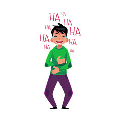 Young man laughing out loud, crying from laughter holding stomach, cartoon vector illustration isolated on white background. Full length portrait of young man bursting with laughter, laughing to tears