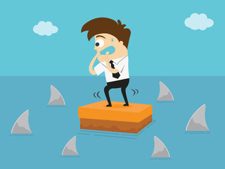 Worried Businessman Standing On box In The Sea And Surrounded By Sharks. Business Concept Cartoon Illustration. Risk, Crisis