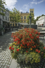 Larmtorget i Kalmar med planteringar och med staty o fontän © gorerl