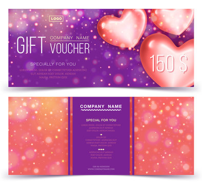 Gift voucher template with red hearts 150. Concept for gift coupon, banner, flyer, invitation ticket. Two side of discount voucher or gift certificate layout.