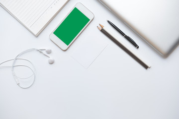 business working on the laptop at the office, Looking for direction and inspiration, Office desk table with computer, Copy space for text, Top view and white background 
