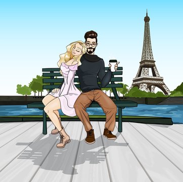 Romantic couple sit on a bench near river drinking cofee. Eifel tower in a background. - love card or invitation banner vector illustration