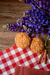 bread and coffee,flowers on the table in the morning