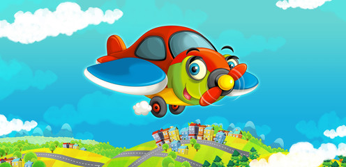 cartoon happy traditional plane with propeller smiling and flying over city