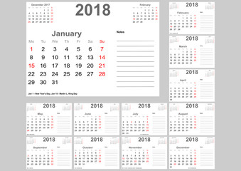 Kalender 2018 für die USA mit Feiertagen, Platz für Notizen und oben mit vorherigem und folgendem Monat. Set mit 12 einzelnen Monaten. Wochenstart Montag.
