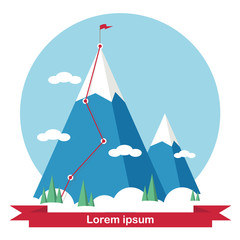 Fototapeta na wymiar Landscape with flag on the mountain. Success in business. Vector illustration.