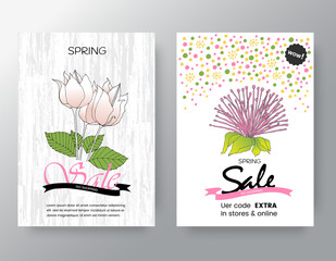 Set of flat and hand drawn spring cards and labels for season sale, fashion discounts, promotional flyers and posters, Colorful and floral sale badges in A4 size