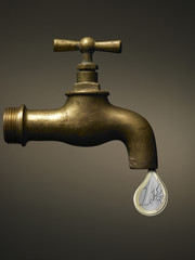 Old faucet with one euro drop, abstract on dark background - obrazy, fototapety, plakaty