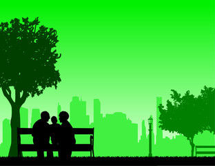 Grandmother and grandfather siting with grandchild in park, one in the series of similar images silhouette