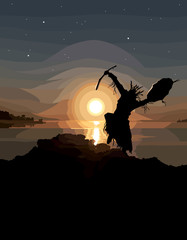 painted silhouette of a dancing shaman on the sunset near the river
