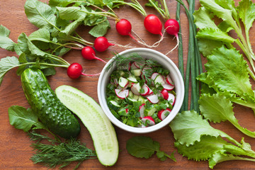Summer salad from a young radish with cucumber. Healthy eating