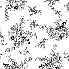 Flowers seamless pattern, vector, black and white
