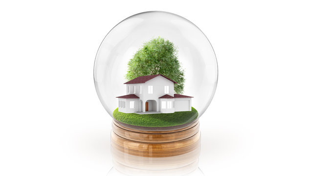 Transparent Sphere Ball With Modern White House Inside. 3D Rendering.