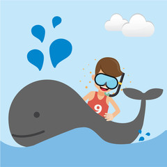 Young Man with Snorkeling and Whale in the Sea. Concept Travel Vector Illustration Flat Style.