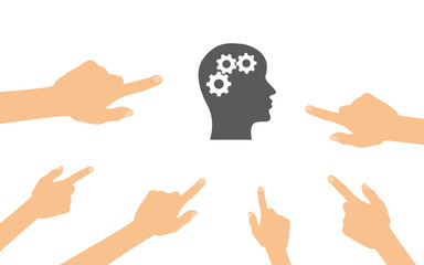 Hände zeigen auf - Kopf mit Zahnrädern