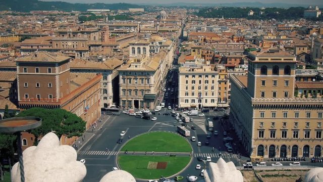Establishing shot of Rome, Italy looking out over Piazza Venezia and Via del Corso. Aerial bird’s eye view.

Summertime, June 19 2015.