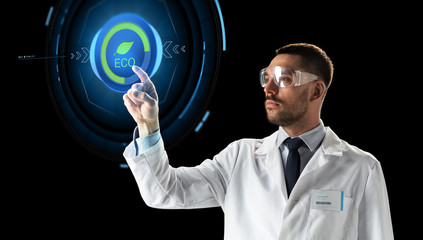 scientist in goggles with virtual projection